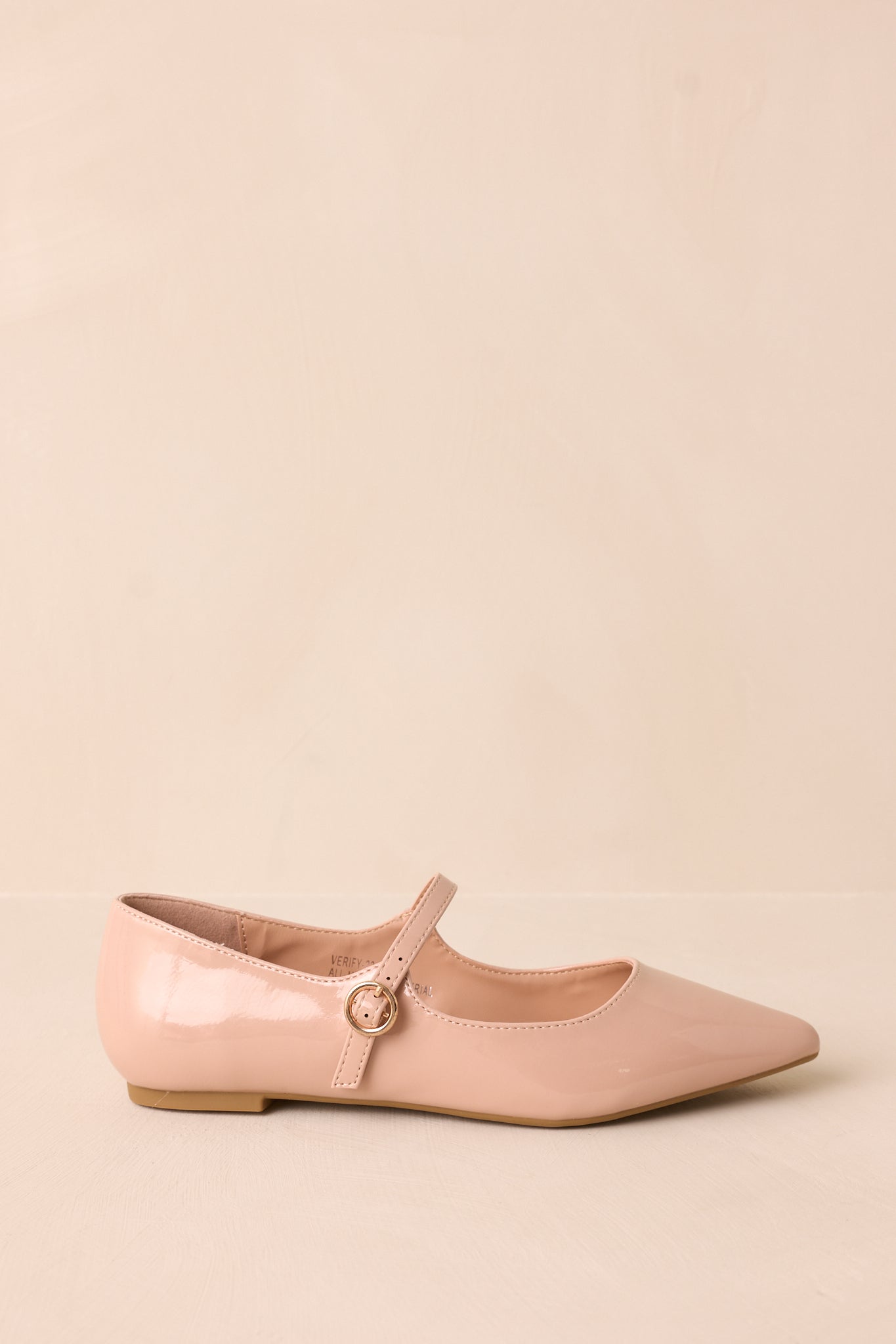 Side view of beige flats with a pointed toe and sleek beige material, showcasing the elegant silhouette and buckle detail across the foot strap.